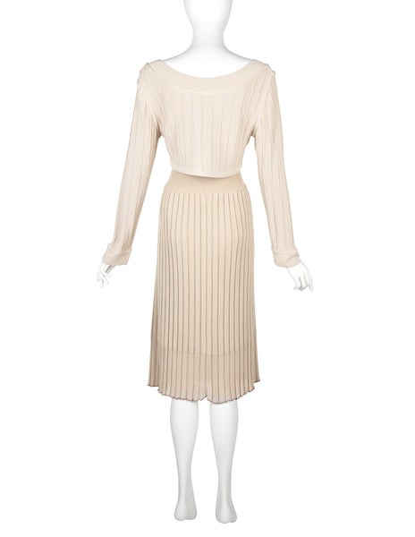 Azzedine Alaia Vintage SS 1987 Two Tone Beige Ribbed Knit Crop Top and Skirt Ensemble