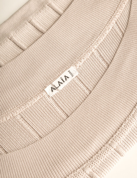 Azzedine Alaia Vintage SS 1987 Two Tone Beige Ribbed Knit Crop Top and Skirt Ensemble