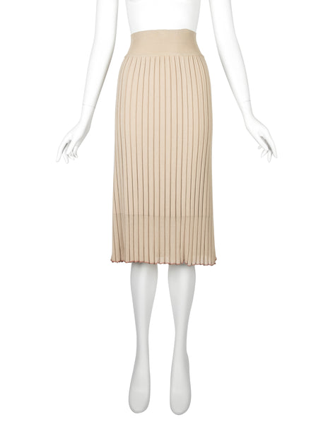 Azzedine Alaia Vintage SS 1987 Two Tone Beige Ribbed Knit Crop Top and Skirt Ensemble