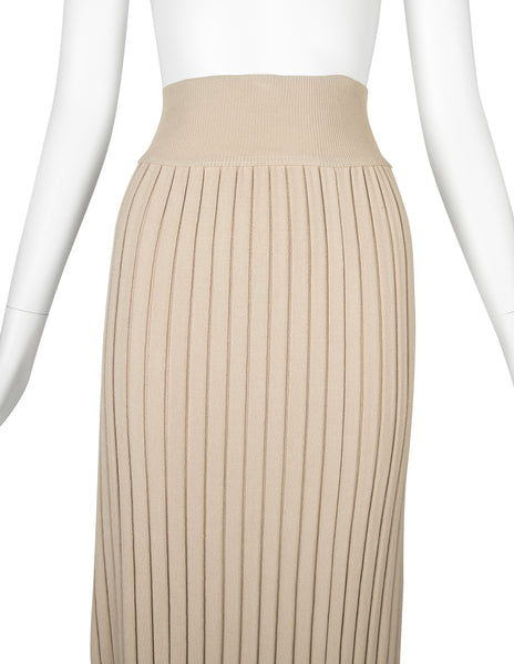 Azzedine Alaia Vintage SS 1987 Two Tone Beige Ribbed Knit Crop Top and Skirt Ensemble