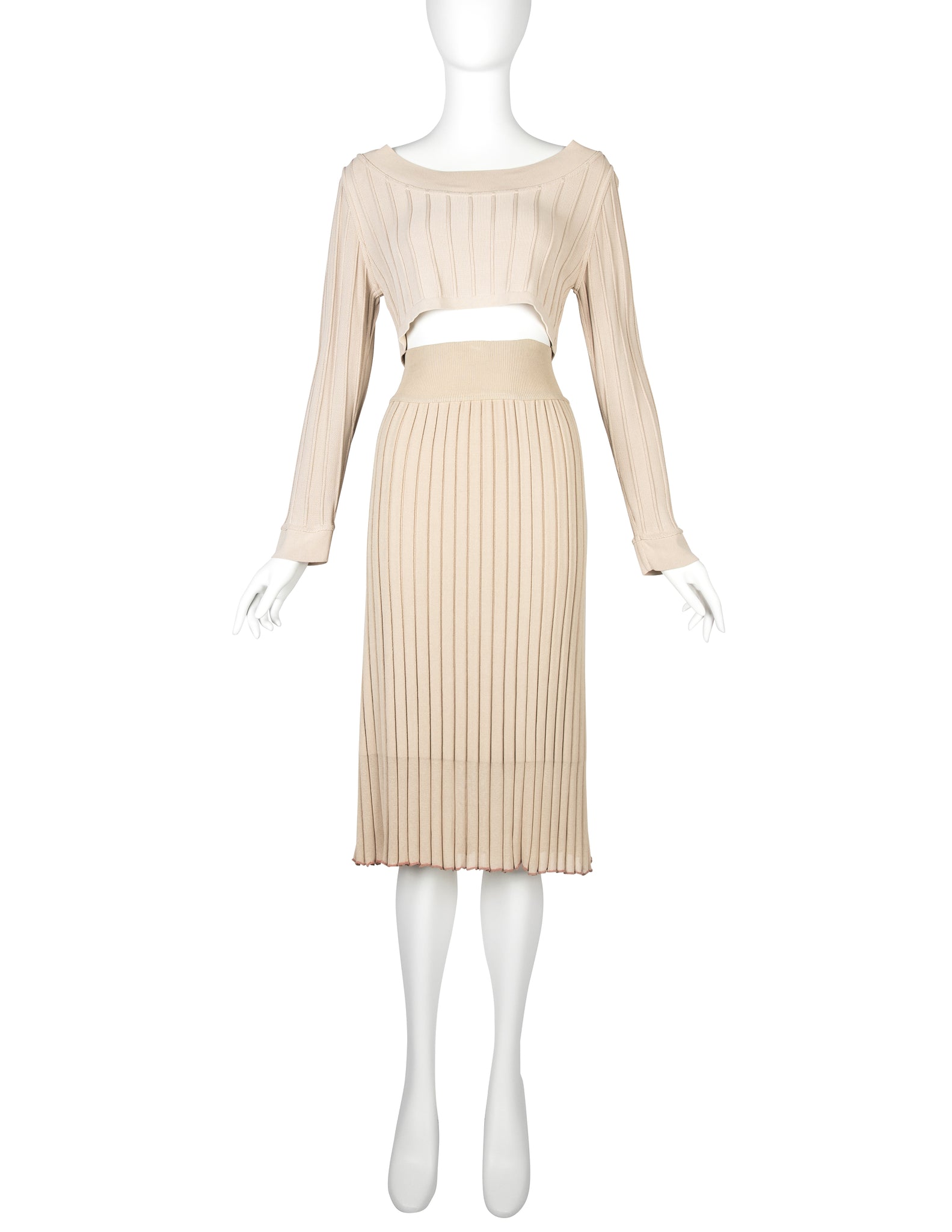 Azzedine Alaia Vintage SS 1987 Two Tone Beige Ribbed Knit Crop Top and Skirt Ensemble
