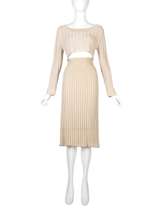 Azzedine Alaia Vintage SS 1987 Two Tone Beige Ribbed Knit Crop Top and Skirt Ensemble