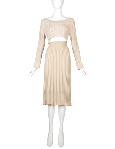 Azzedine Alaia Vintage SS 1987 Two Tone Beige Ribbed Knit Crop Top and Skirt Ensemble