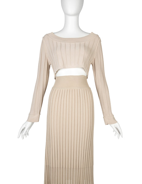 Azzedine Alaia Vintage SS 1987 Two Tone Beige Ribbed Knit Crop Top and Skirt Ensemble