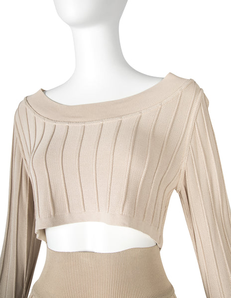 Azzedine Alaia Vintage SS 1987 Two Tone Beige Ribbed Knit Crop Top and Skirt Ensemble