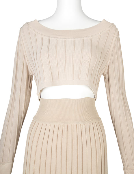 Azzedine Alaia Vintage SS 1987 Two Tone Beige Ribbed Knit Crop Top and Skirt Ensemble