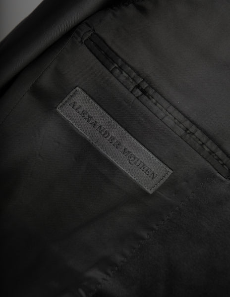 Alexander McQueen Vintage SS 2007 Black Wool Satin Feather Lapel Jacket