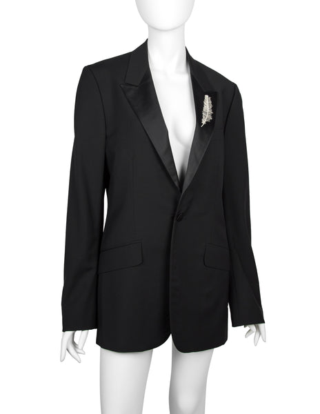 Alexander McQueen Vintage SS 2007 Black Wool Satin Feather Lapel Jacket