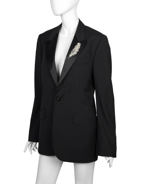 Alexander McQueen Vintage SS 2007 Black Wool Satin Feather Lapel Jacket
