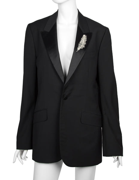 Alexander McQueen Vintage SS 2007 Black Wool Satin Feather Lapel Jacket