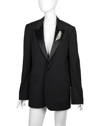 Alexander McQueen Vintage SS 2007 Black Wool Satin Feather Lapel Jacket