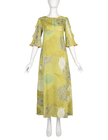 Alfred Shaheen Vintage 1960s Green Multicolor Metallic Fan Lantern Novelty Print Maxi Dress