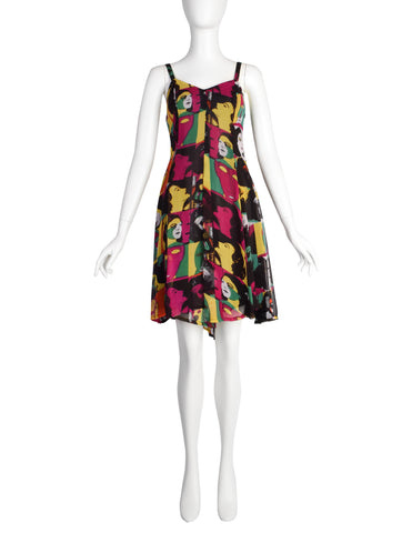 Awesome Vintage 1990s Multicolor Graphic Face Print Rayon Mini Dress