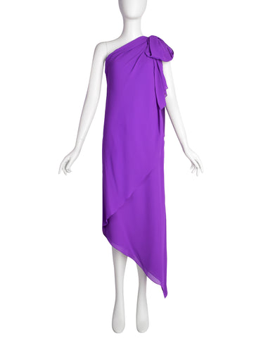 Adele Simpson Vintage 1970s Purple One Shoulder Bow Asymmetric Dress
