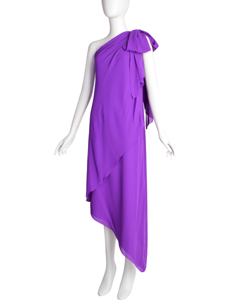 Adele Simpson Vintage 1970s Purple One Shoulder Bow Asymmetric Dress