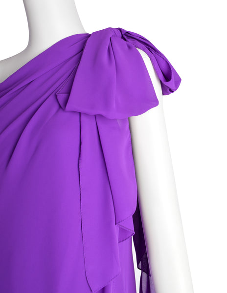 Adele Simpson Vintage 1970s Purple One Shoulder Bow Asymmetric Dress