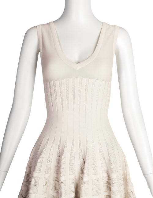 Alaia Vintage SS 2009 Light Beige Ruched Inset Knit Flounce Dress Amarcord Vintage Fashion Alaia Vintage SS 2009 Light Beige Ruched Inset Knit Flounce Dress Amarcord Vintage Fashion