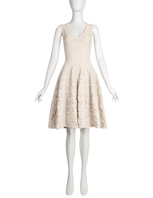Alaia Vintage SS 2009 Light Beige Ruched Inset Knit Flounce Dress Amarcord Vintage Fashion Alaia Vintage SS 2009 Light Beige Ruched Inset Knit Flounce Dress Amarcord Vintage Fashion