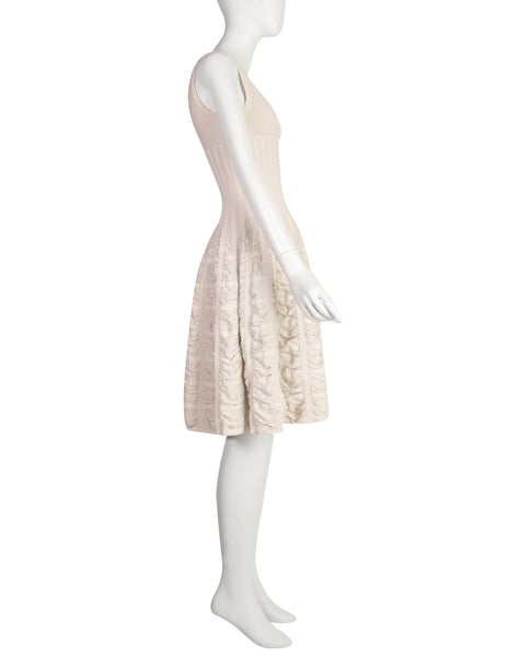 Alaia Vintage SS 2009 Light Beige Ruched Inset Knit Flounce Dress