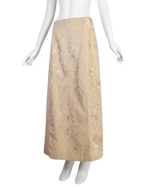 Alberta Ferretti Vintage SS 1999 Light Beige Heavily Embroidered Floral Silk Maxi Skirt