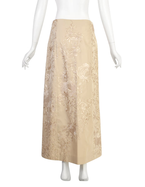 Alberta Ferretti Vintage SS 1999 Light Beige Heavily Embroidered Floral Silk Maxi Skirt