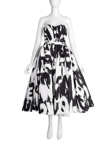 Alexander McQueen by Sarah Burton PF 2022 Black White Graffiti Print Corset Full Skirt Dress