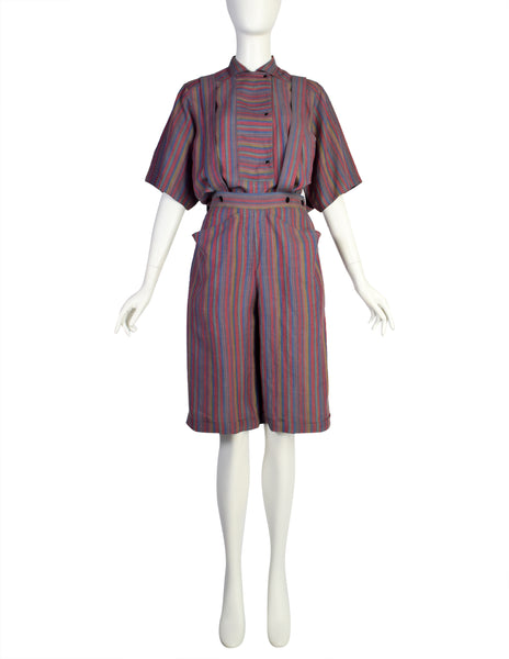 Anne-Marie Beretta Vintage SS 1981 Muted Striped Linen Top and Shorts Ensemble
