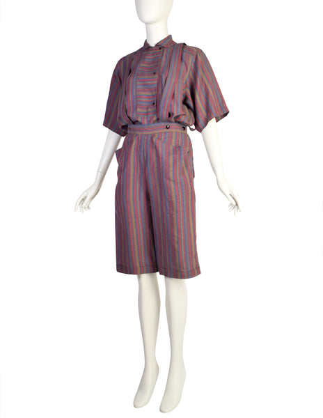 Anne-Marie Beretta Vintage SS 1981 Muted Striped Linen Top and Shorts Ensemble