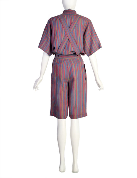 Anne-Marie Beretta Vintage SS 1981 Muted Striped Linen Top and Shorts Ensemble