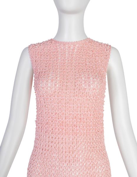 Anne Rubin Vintage 1960s Baby Pink Bead Embellished Ribbon Crochet Dress