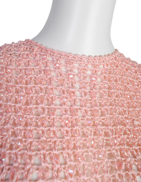 Anne Rubin Vintage 1960s Baby Pink Bead Embellished Ribbon Crochet Dress