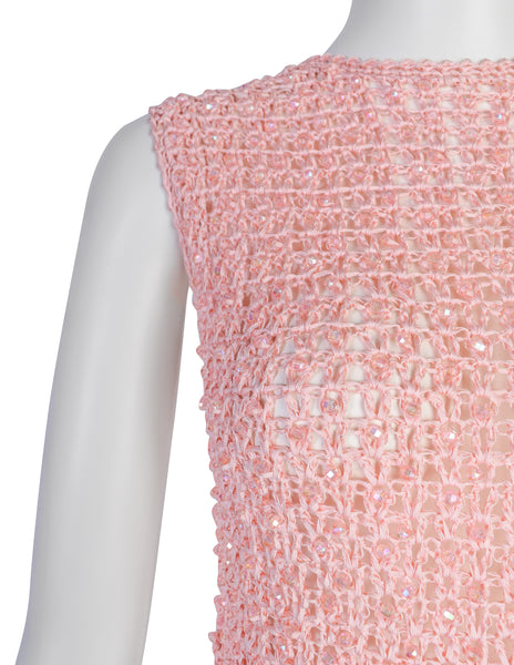 Anne Rubin Vintage 1960s Baby Pink Bead Embellished Ribbon Crochet Dress