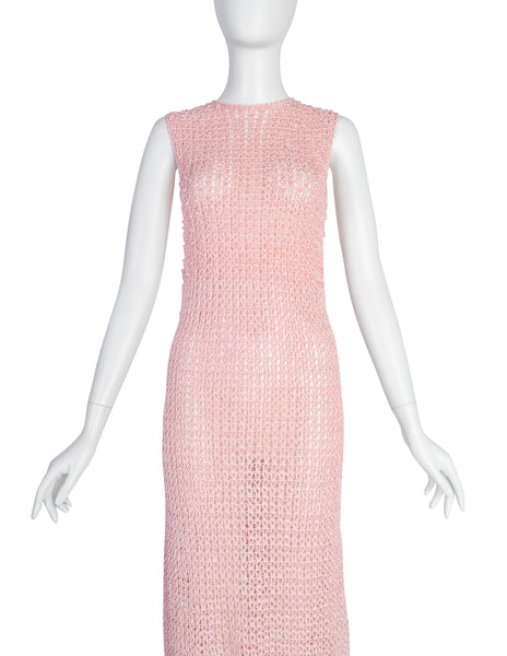 Anne Rubin Vintage 1960s Baby Pink Bead Embellished Ribbon Crochet Dress