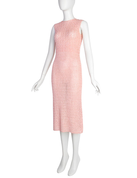 Anne Rubin Vintage 1960s Baby Pink Bead Embellished Ribbon Crochet Dress