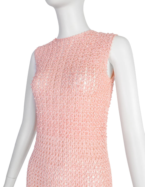 Anne Rubin Vintage 1960s Baby Pink Bead Embellished Ribbon Crochet Dress