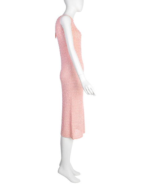 Anne Rubin Vintage 1960s Baby Pink Bead Embellished Ribbon Crochet Dress