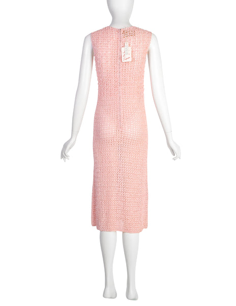 Anne Rubin Vintage 1960s Baby Pink Bead Embellished Ribbon Crochet Dress