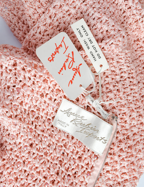 Anne Rubin Vintage 1960s Baby Pink Bead Embellished Ribbon Crochet Dress