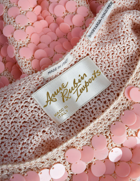 Anne Rubin Vintage 1960s Baby Pink Plastic Paillette Embellished Crochet Sweater