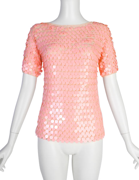 Anne Rubin Vintage 1960s Baby Pink Plastic Paillette Embellished Crochet Sweater