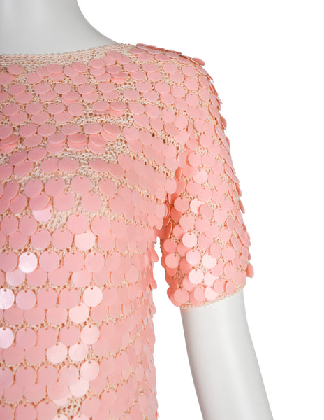 Anne Rubin Vintage 1960s Baby Pink Plastic Paillette Embellished Crochet Sweater