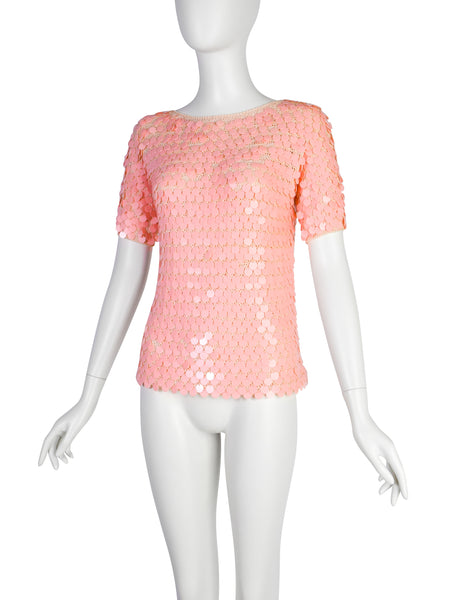 Anne Rubin Vintage 1960s Baby Pink Plastic Paillette Embellished Crochet Sweater