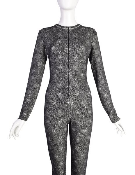 Azzedine Alaia Vintage Black White Spotted Stretch Knit Wool Full Catsuit Jumpsuit