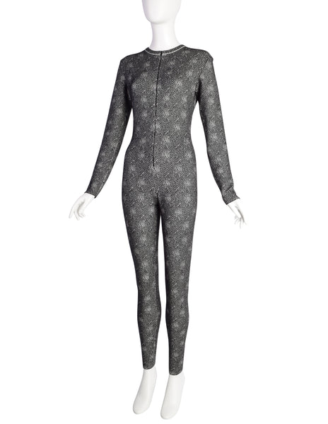 Azzedine Alaia Vintage Black White Spotted Stretch Knit Wool Full Catsuit Jumpsuit