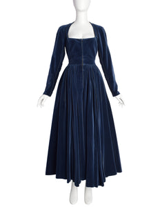 Azzedine Alaia Vintage AW 1988 Rare Deep Sapphire Blue Velvet Full Skirt Dress