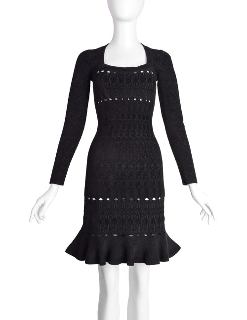 Azzedine Alaia AW 2009 Black Chenille Jacquard Ruffle Bodycon Dress Amarcord Vintage Fashion Azzedine Alaia AW 2009 Black Chenille Jacquard Ruffle Bodycon Dress Amarcord Vintage Fashion