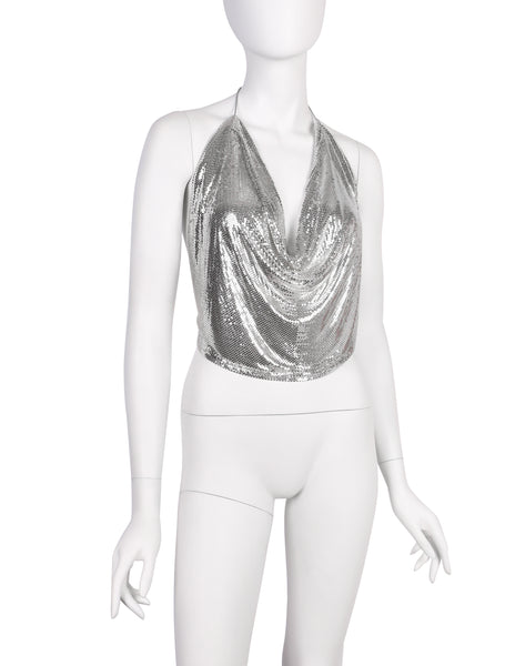 Ferrara Vintage Silver Metal Mesh Draping Halter Top