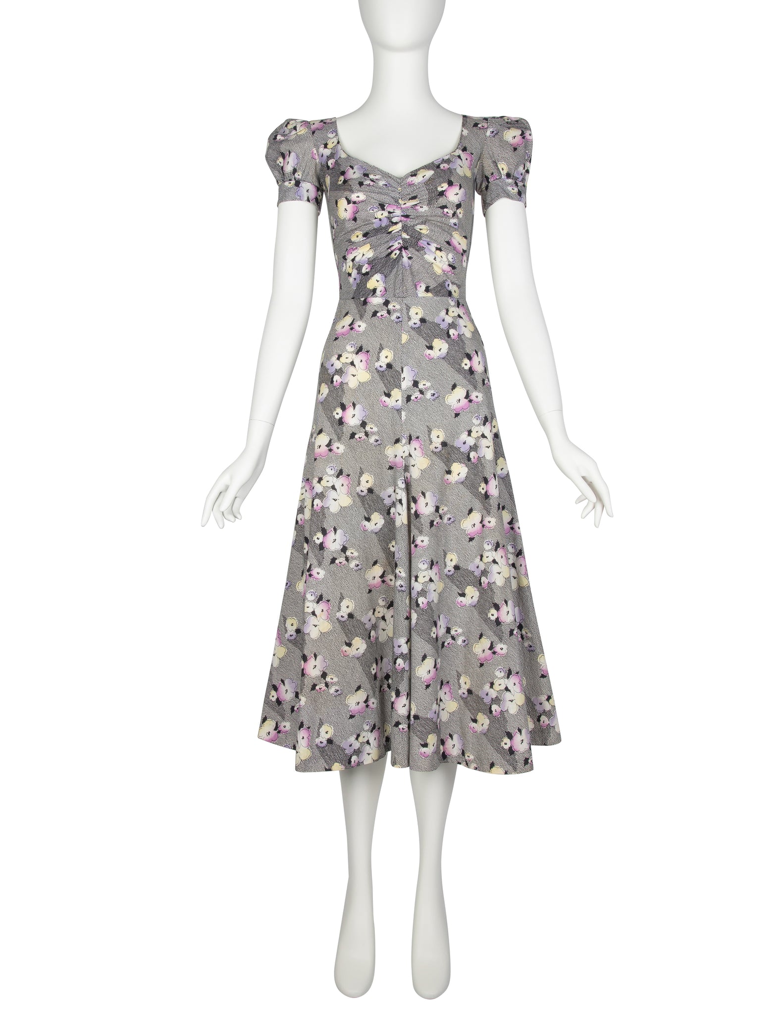 BIBA Vintage 1970s Black White Pastel Floral Cotton Dress