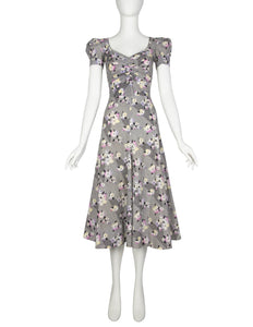 BIBA Vintage 1970s Black White Pastel Floral Cotton Dress