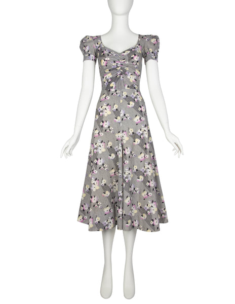 BIBA Vintage 1970s Black White Pastel Floral Cotton Dress